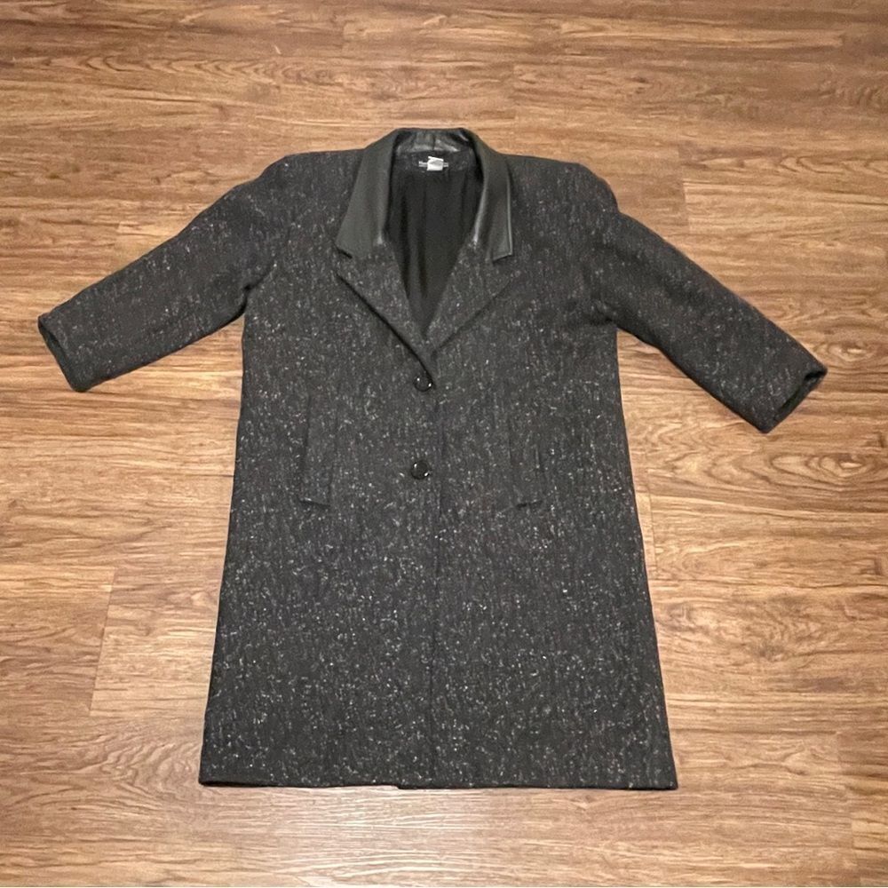 Vintage Hunters Run Tweed Heathered Wool Trench Coat With Leather Trim Black 11
